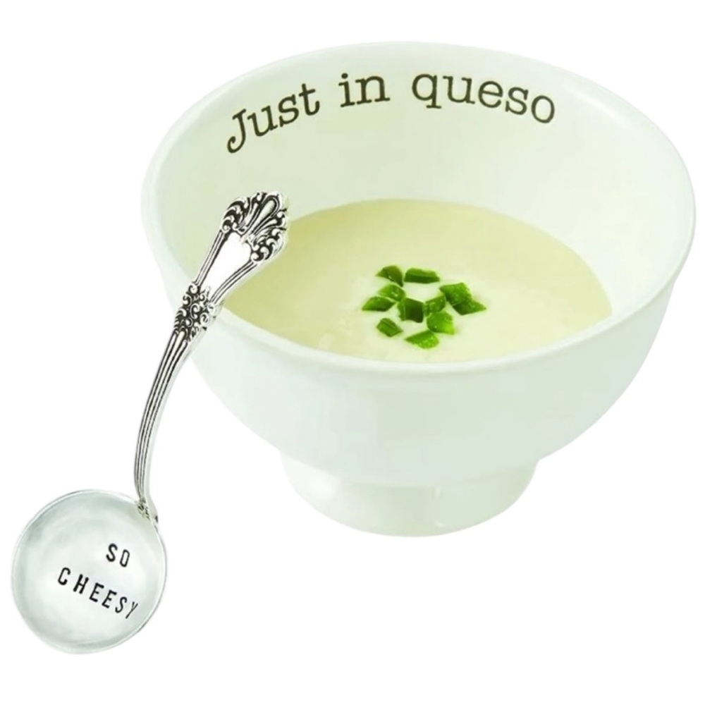 Mud Pie JUST IN QUESO Dip Set White Bowl Silver Engraved Spoon NWT - Picture 2 of 6